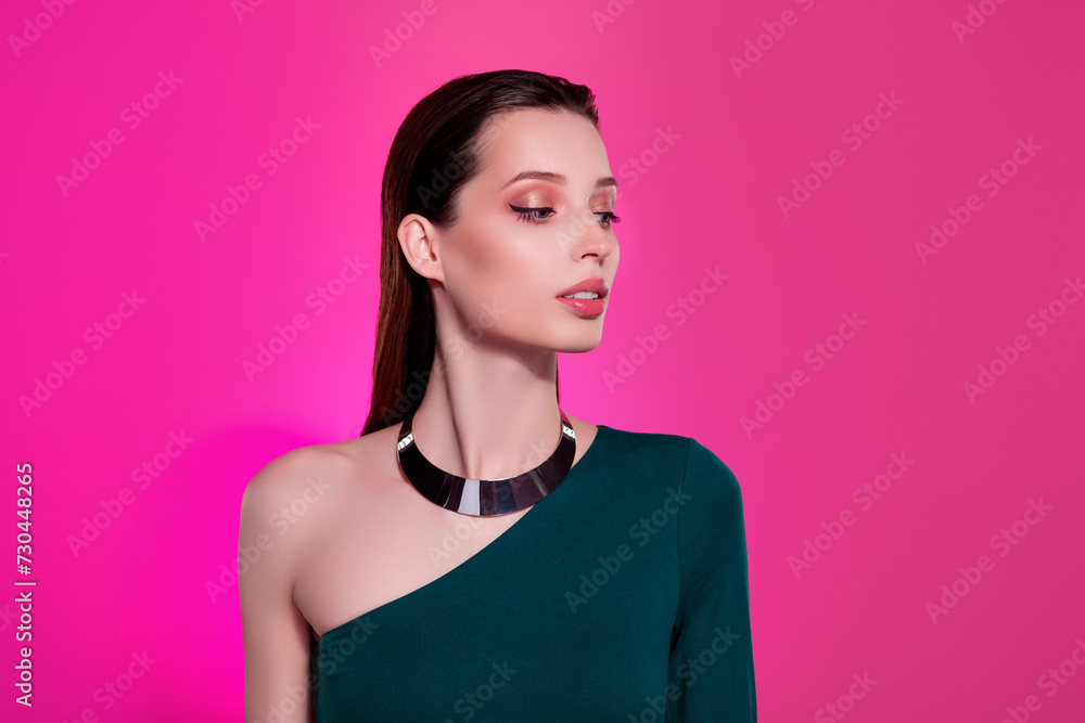 Photo of flirty girl in night club look vibrant pink shine empty space attract rich wealthy millionaire guy Photo of flirty girl in night club look vibrant pink shine empty space attract rich wealthy millionaire guy