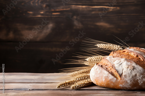 baked bread with wheat seeds on wooden table with copyspace