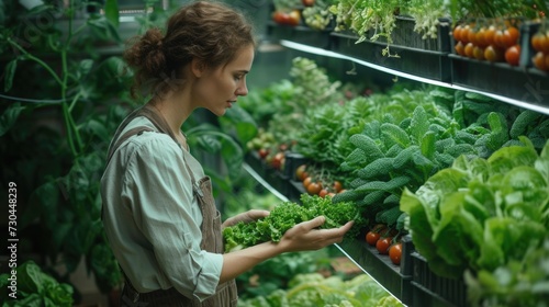 woman choosing fresh lettuce and green tomatoes in a greenhouse plant