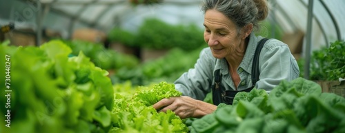 woman choosing fresh lettuce and green tomatoes in a greenhouse plant