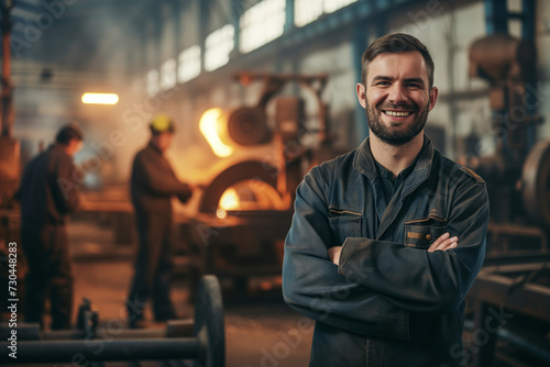 A man in work clothes smiling in the background of production in a factory with sparks and fire, Steelworkers welders foundry workers photo