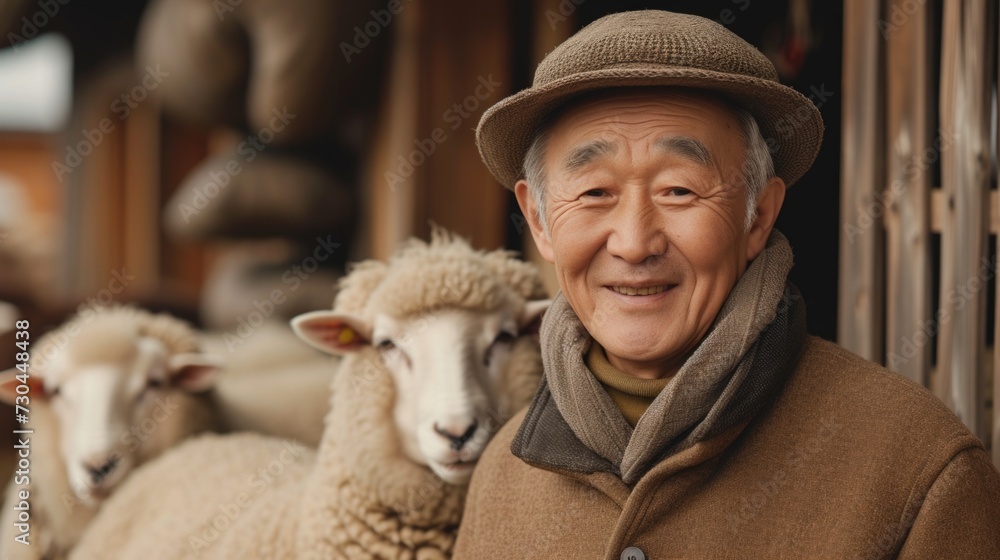a man smiling standing next to his sheep at a farm a man smiling standing next to his sheep at a farm