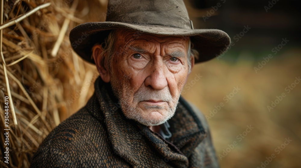 an old man in a hat standing in front of hay, in the style of flickering light an old man in a hat standing in front of hay, in the style of flickering light