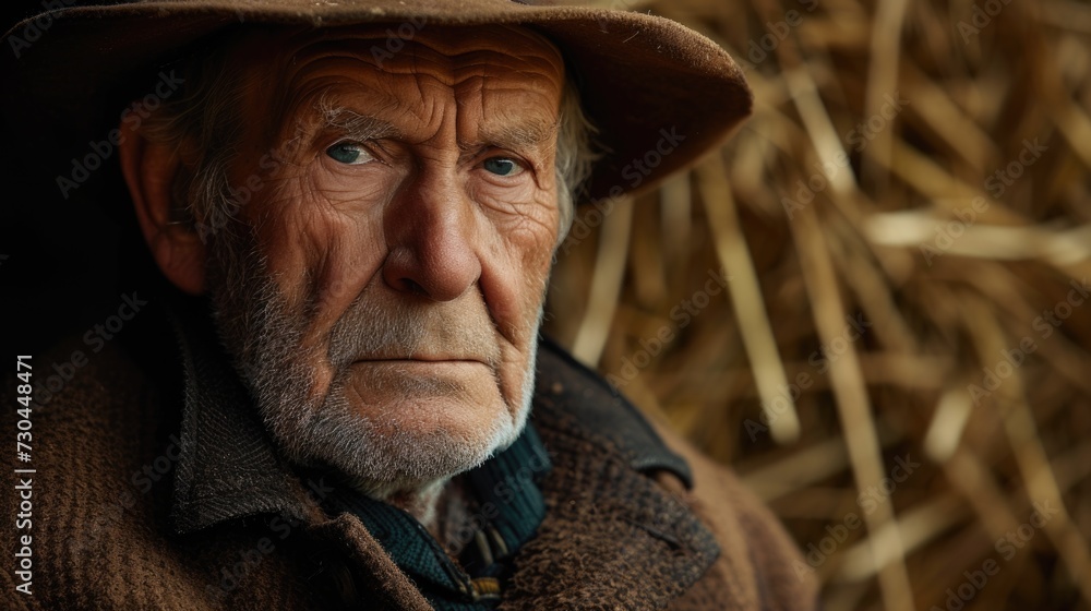 an old man in a hat standing in front of hay, in the style of flickering light an old man in a hat standing in front of hay, in the style of flickering light