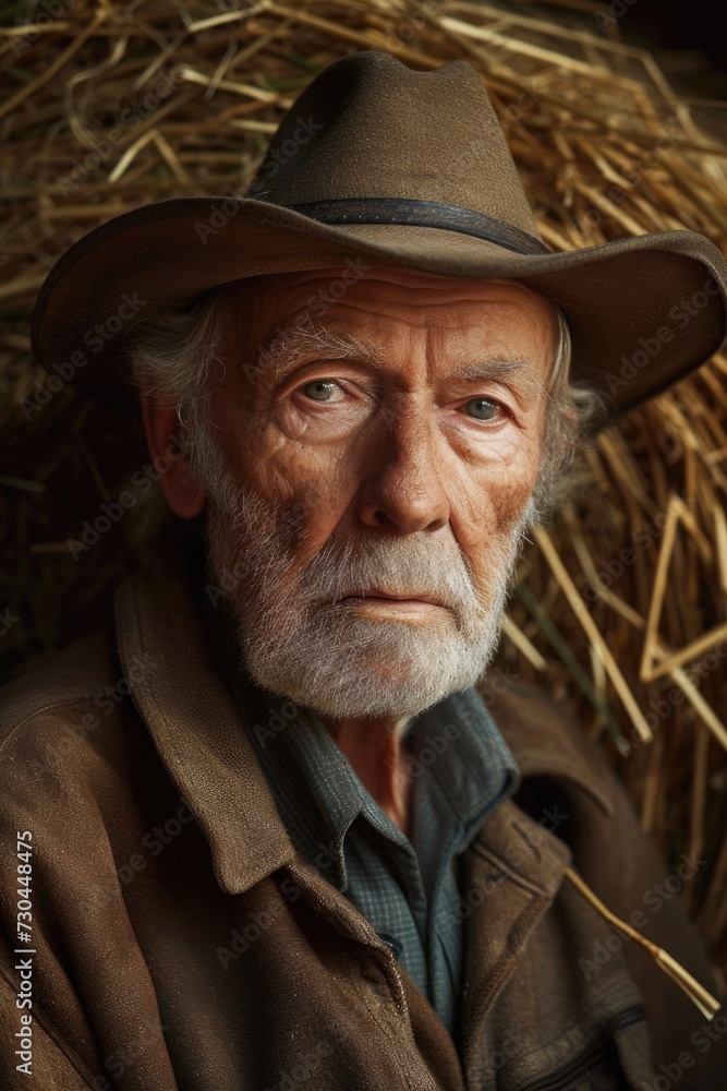 an old man in a hat standing in front of hay, in the style of flickering light