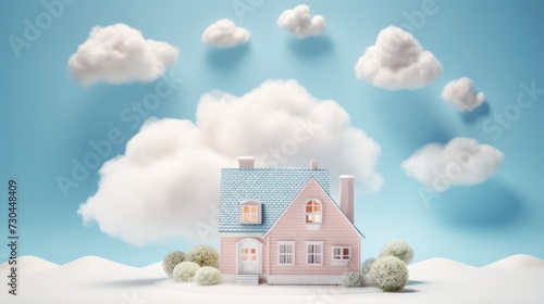 Wallpaper Mural Illustration of a fictional minimalist small house above the clouds with a blue sky background, real estate property business background wallpaper. Torontodigital.ca