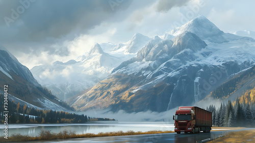 a truck driving down a road near a mountain range with a lake in the background photo