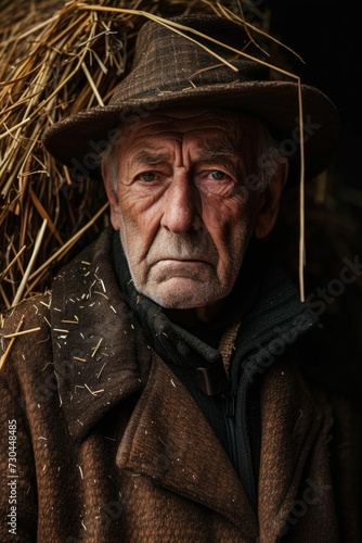 an old man in a hat standing in front of hay, in the style of flickering light