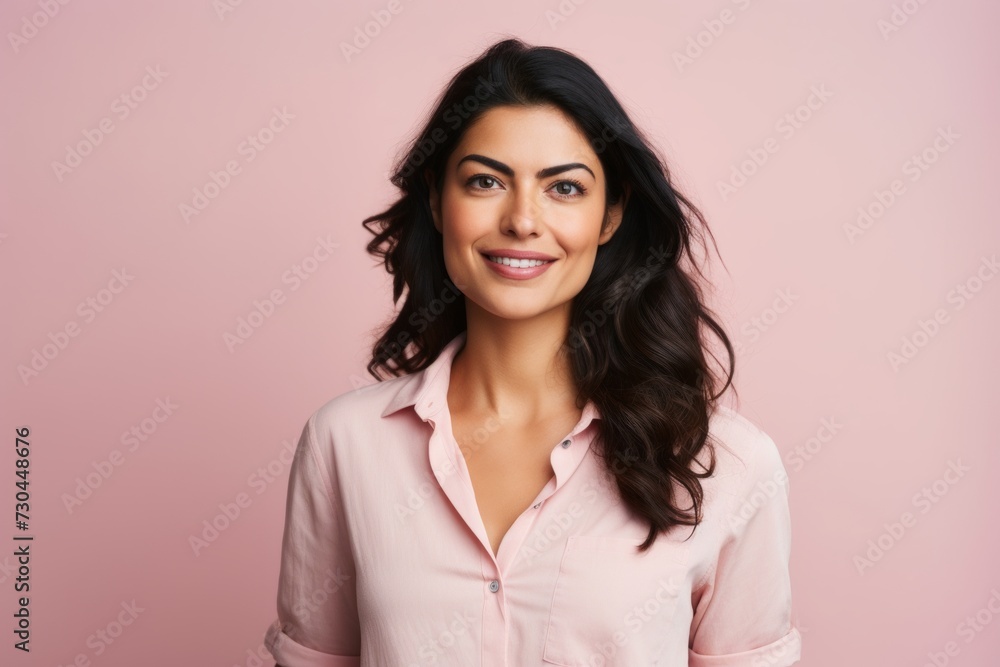 Portrait of a smiling businesswoman in pink shirt against pink background Portrait of a smiling businesswoman in pink shirt against pink background