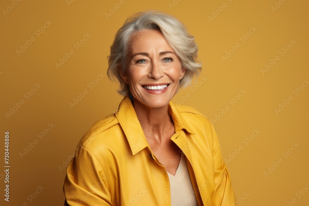 Portrait of smiling senior woman looking at camera isolated on yellow background Portrait of smiling senior woman looking at camera isolated on yellow background