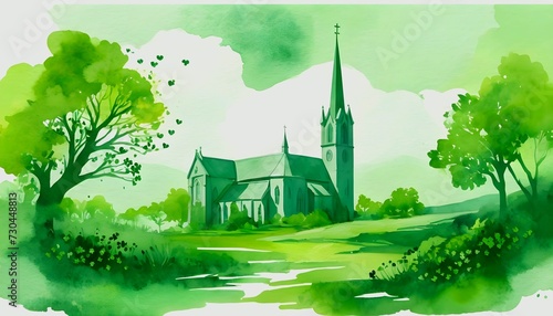 St. Patrick's Day. Green watercolor landscape with bishop silhouette, church and clover leaves. Vector illustration created with generative ai