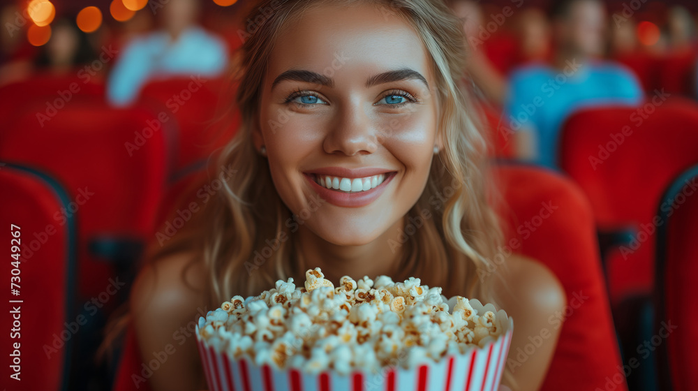 A beautiful girl with a big bucket of popcorn sits in the cinema smiling wide with white teeth A beautiful girl with a big bucket of popcorn sits in the cinema smiling wide with white teeth