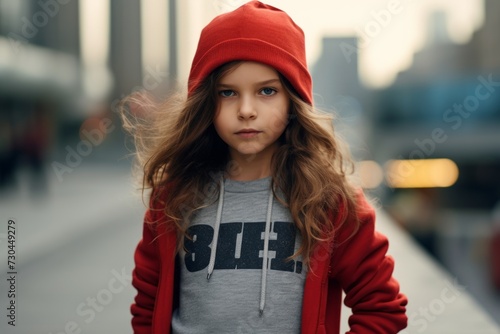 portrait of a beautiful little girl in a red cap and coat on the street