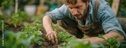 man working in soil in garden, in the style of light brown and green, nature-inspired