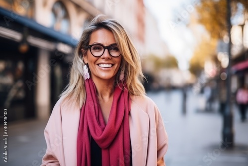 Portrait of a smiling young woman wearing glasses and a pink scarf in the city
