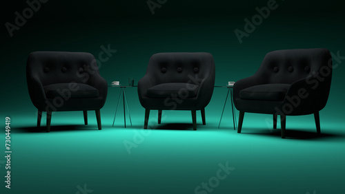 3D modeled Talkshow chairs / Webinar chairs in front of mind green background.	