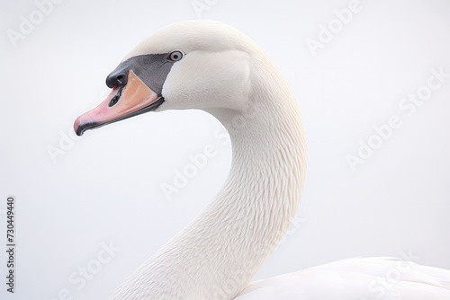 Close-up of graceful swan against soft white background. Wildlife and beauty.