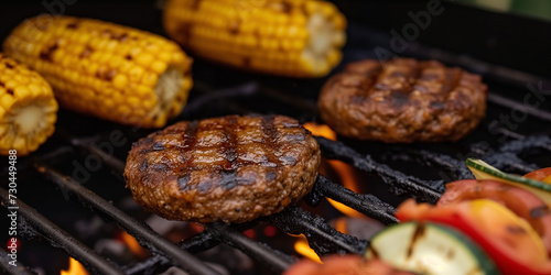Hamburgers and sweet corns on the grill with some flamse grilling bbq
