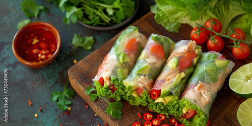 ricepaper rolls with salad carrot letuce avocado sause persey photo