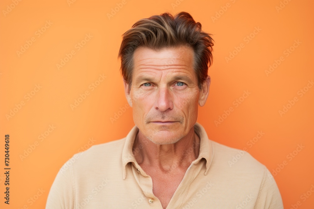 Portrait of senior man looking at camera with serious expression against orange background Portrait of senior man looking at camera with serious expression against orange background