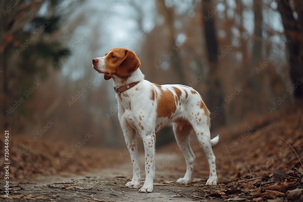 a Brittany white and brown dog looking out over a pathway, in the style of playful expressions,