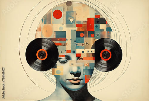Surreal portrait with geometric mind and vintage reels Generative AI image photo