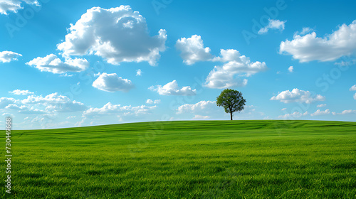 a green field with a blue sky and clouds above it and a tree in the distance with a few clouds in the sky