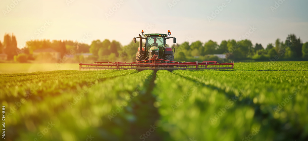 Fototapeta premium Tractor agricultural machinery harvesting in the field, work agrarian machines agronomists farmers farmers