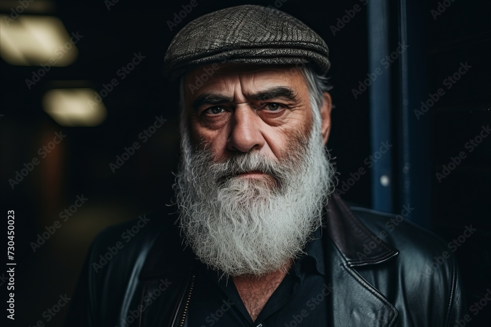 Portrait of an old man with a long white beard and a cap.