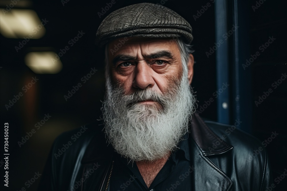 Portrait of an old man with a long white beard and a cap. Portrait of an old man with a long white beard and a cap.