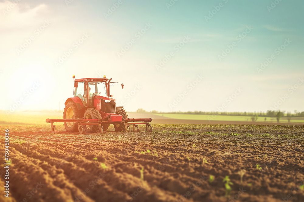 Fototapeta premium Tractor agricultural machinery harvesting in the field, work agrarian machines agronomists farmers farmers