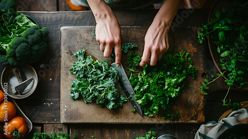 a person cutting up some greens on a cutting board with a knife photo