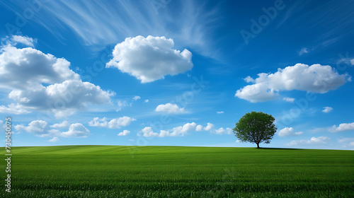 a green field with a blue sky and clouds above it and a tree in the distance with a few clouds in the sky