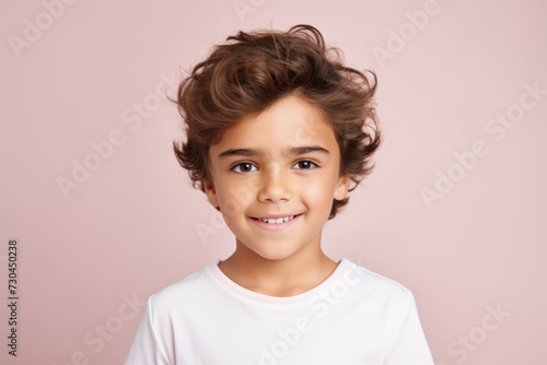 Portrait of cute little boy with curly hair on pink background.