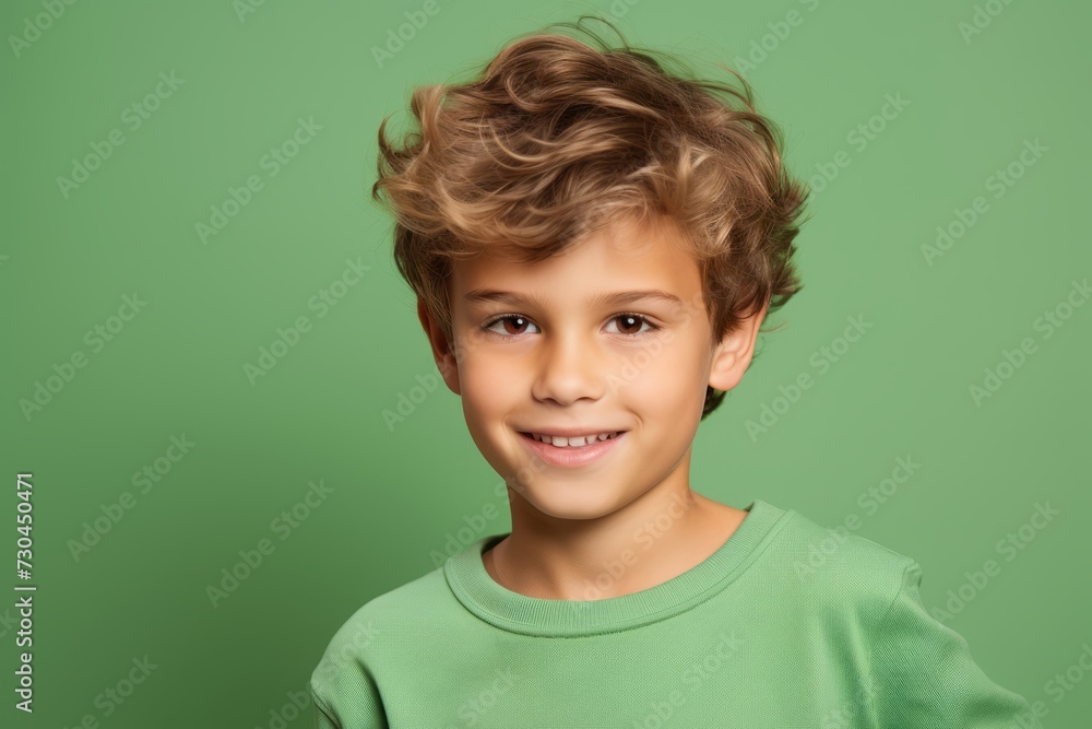 Portrait of a cute little boy with curly hair over green background Portrait of a cute little boy with curly hair over green background