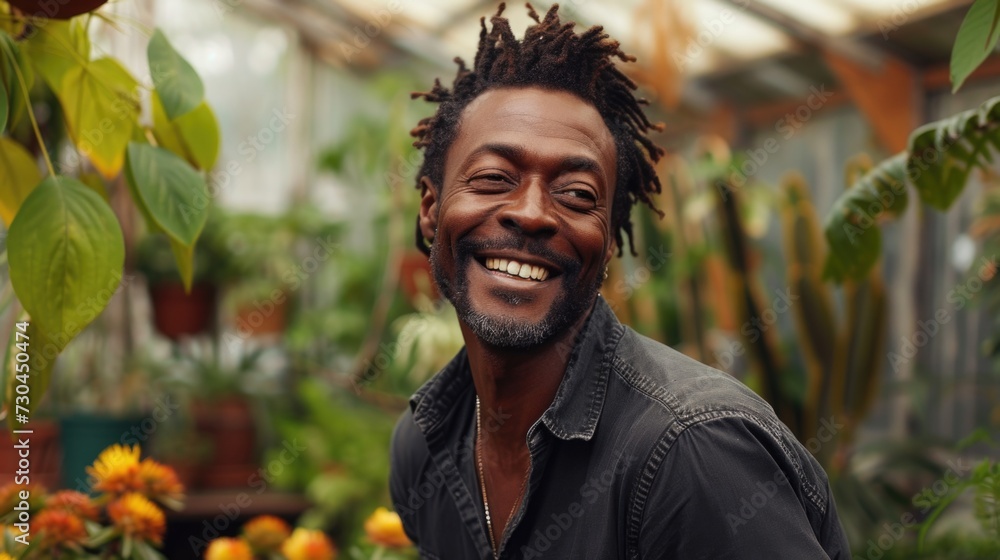 a smiling black man in a greenhouse that has plants a smiling black man in a greenhouse that has plants