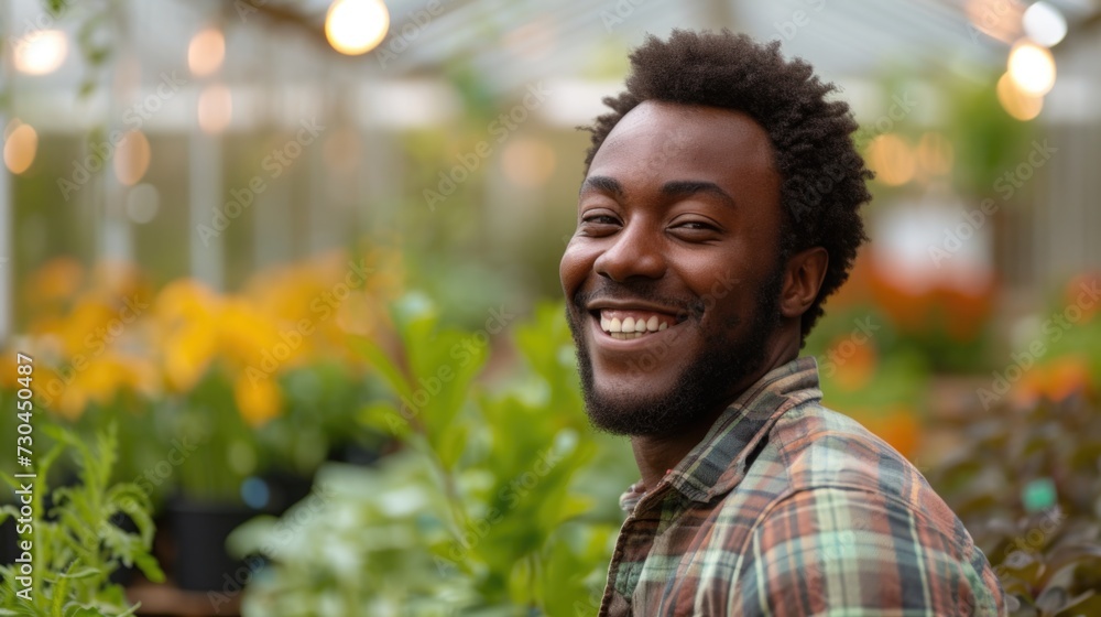 a smiling black man in a greenhouse that has plants a smiling black man in a greenhouse that has plants