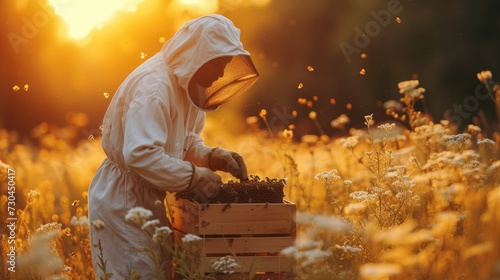 hive beekeeper or apiarist tending hives with a beehive photo