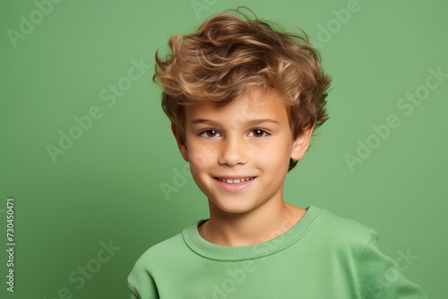 Portrait of a cute little boy with curly hair over green background
