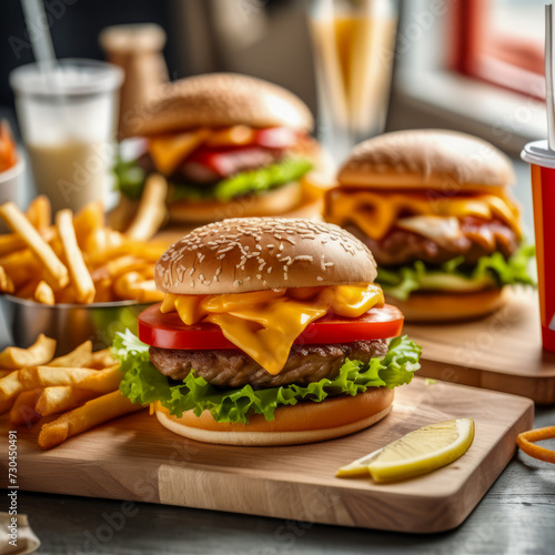Delicious fresh hamburger and crispy French fries served on wooden board in modern fast food restaurant