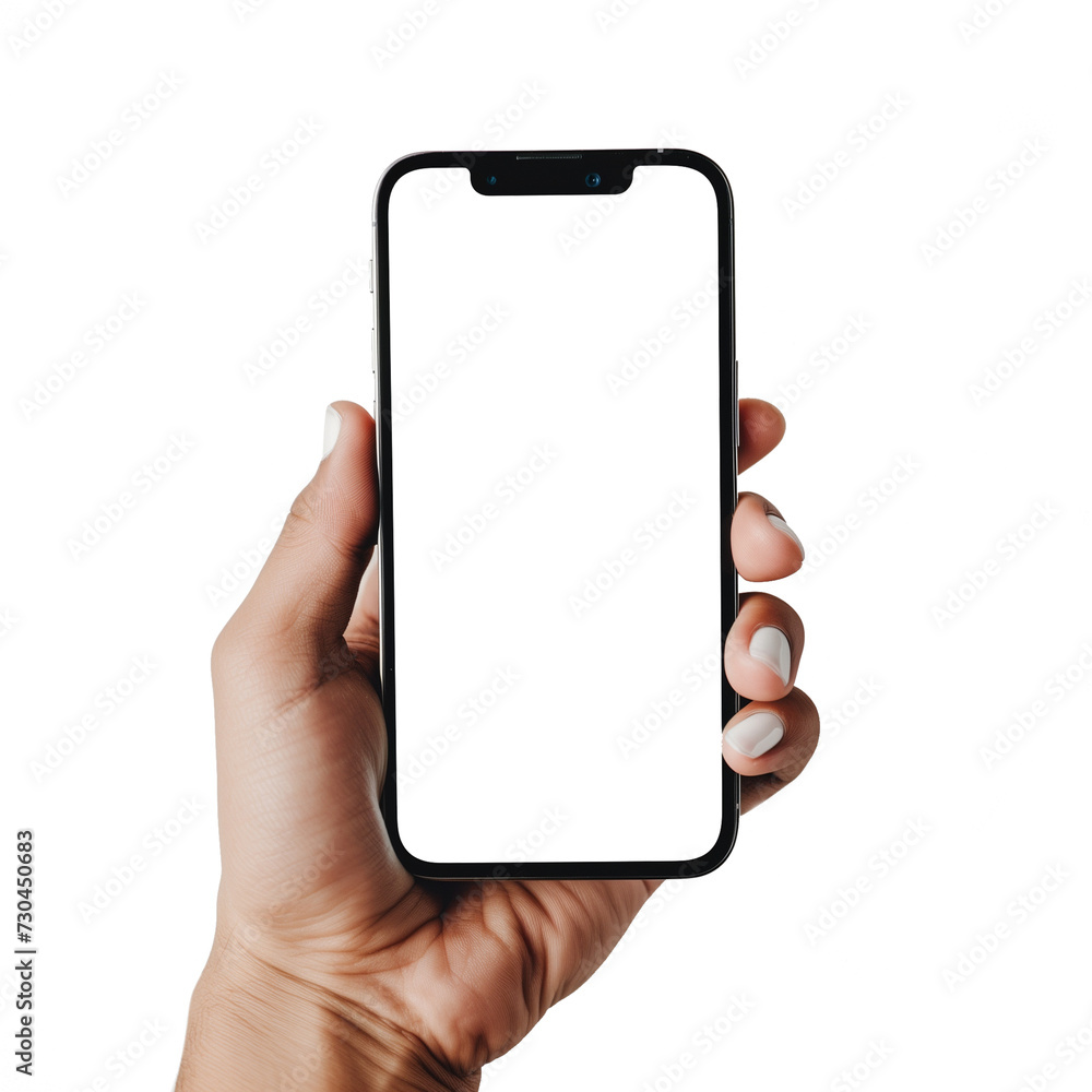 hand with great color nail design holds big phone with white screen iphone 13 flat view white background for website. transparent bakcground. PNG hand with great color nail design holds big phone with white screen iphone 13 flat view white background for website. transparent bakcground. PNG