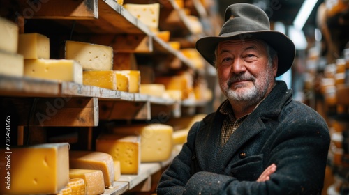 a white man in a hat standing in a cheese room