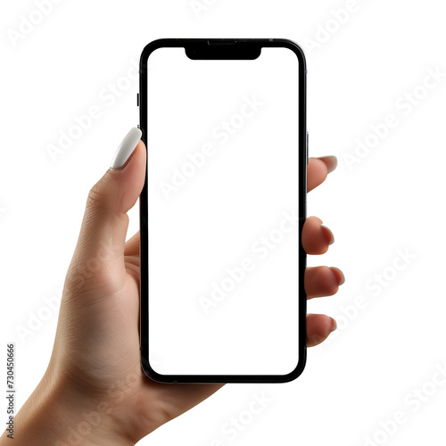 hand with great color nail design holds big phone with white screen iphone 13 flat view white background for website. transparent bakcground. PNG