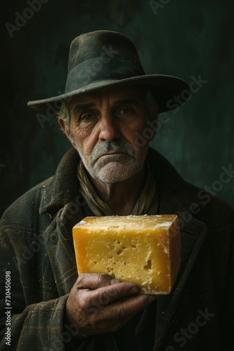 a man in an old hat holding a piece of cheese