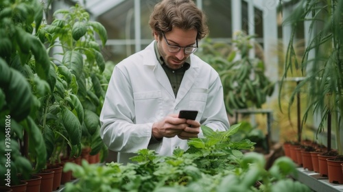 a scientist using a smartphone while growing plants in a greenhouse, in the style of light green and light gray © Ivy