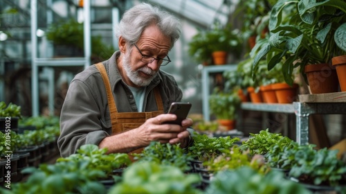 a scientist using a smartphone while growing plants in a greenhouse, in the style of light green and light gray