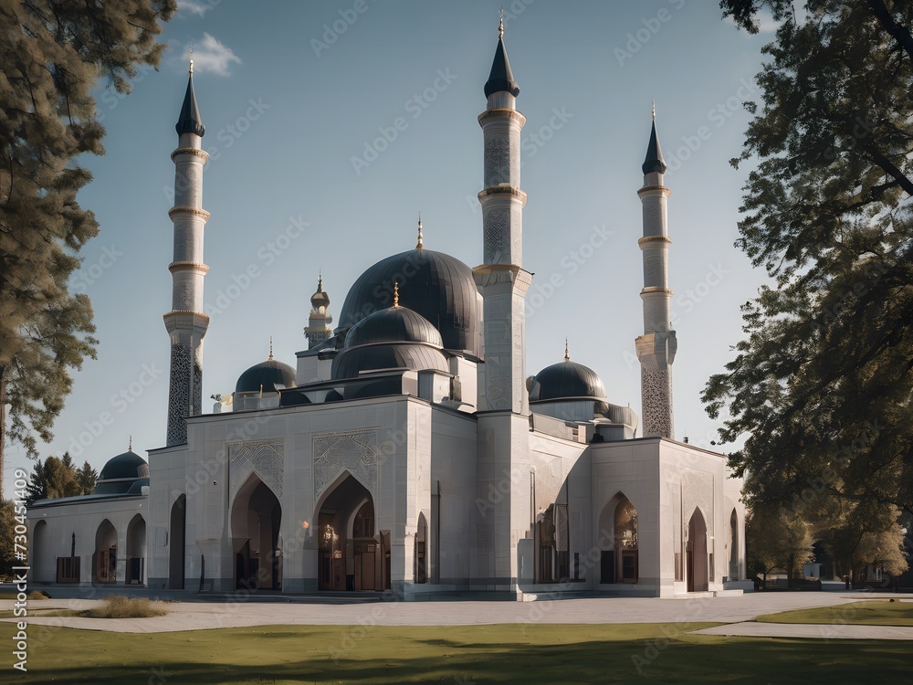 Illustration of the architectural design of a beautiful futuristic Muslim Mosque. Created with artificial intelligence.