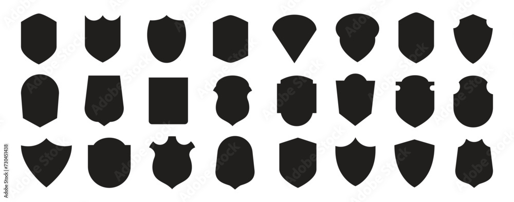 Set of silhouette icons of shields. Military shield insignia of different shapes. Vector elements.	 - obrazy, fototapety, plakaty 