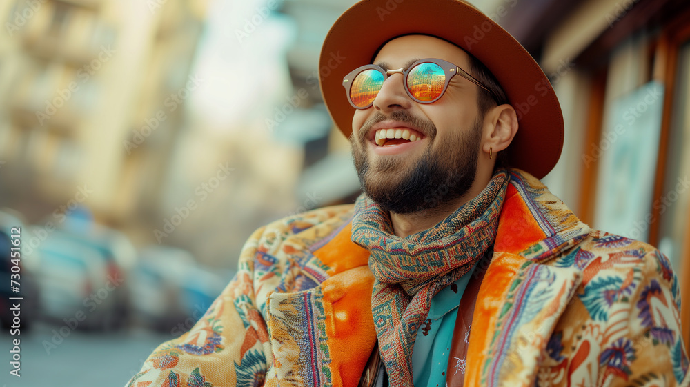Obraz premium Stylish happy man smiling with glasses dressed in a bright suit