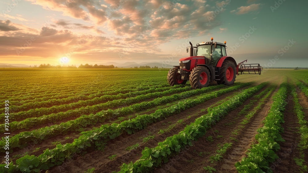 a tractor on a field of green produce a tractor on a field of green produce